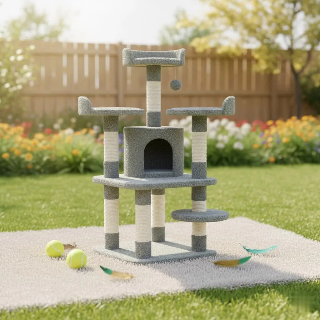 Cat relaxing on a multi-level corner cat tree