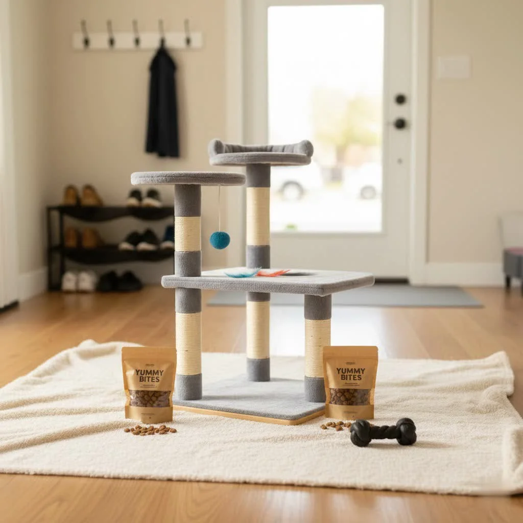 Cat on a multi-level solid wood cat tree