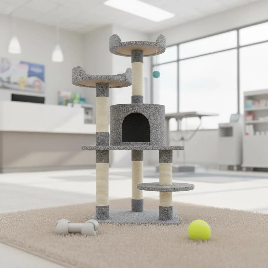 Cat on a multi-level cat tree with scratching posts