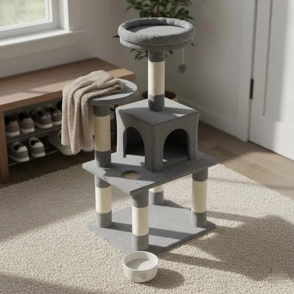 Cat climbing a tall cat tree with multiple levels