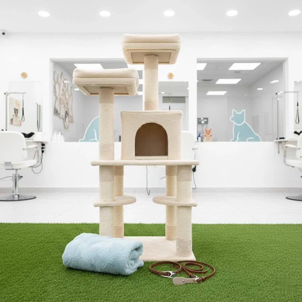 Green cat tree with multiple levels and scratching posts