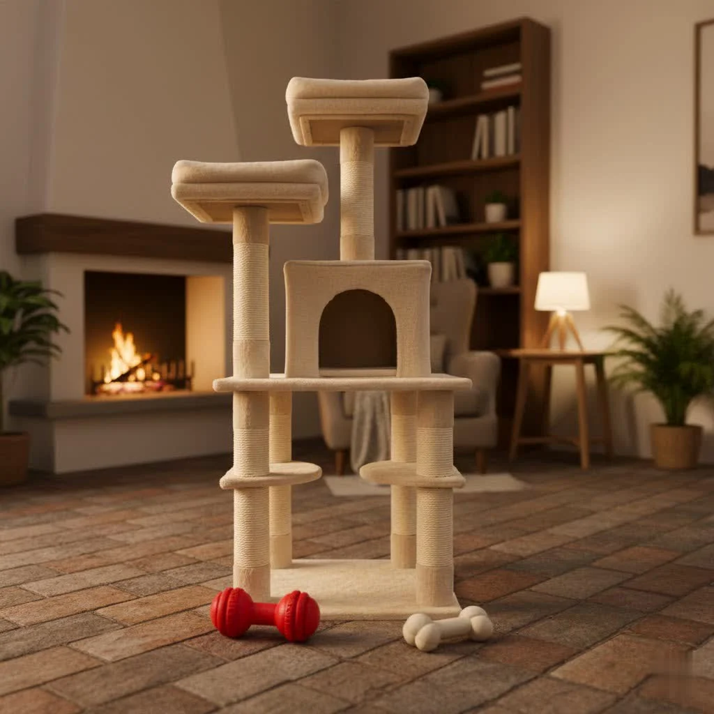 Large cat tree with multiple levels and scratching posts