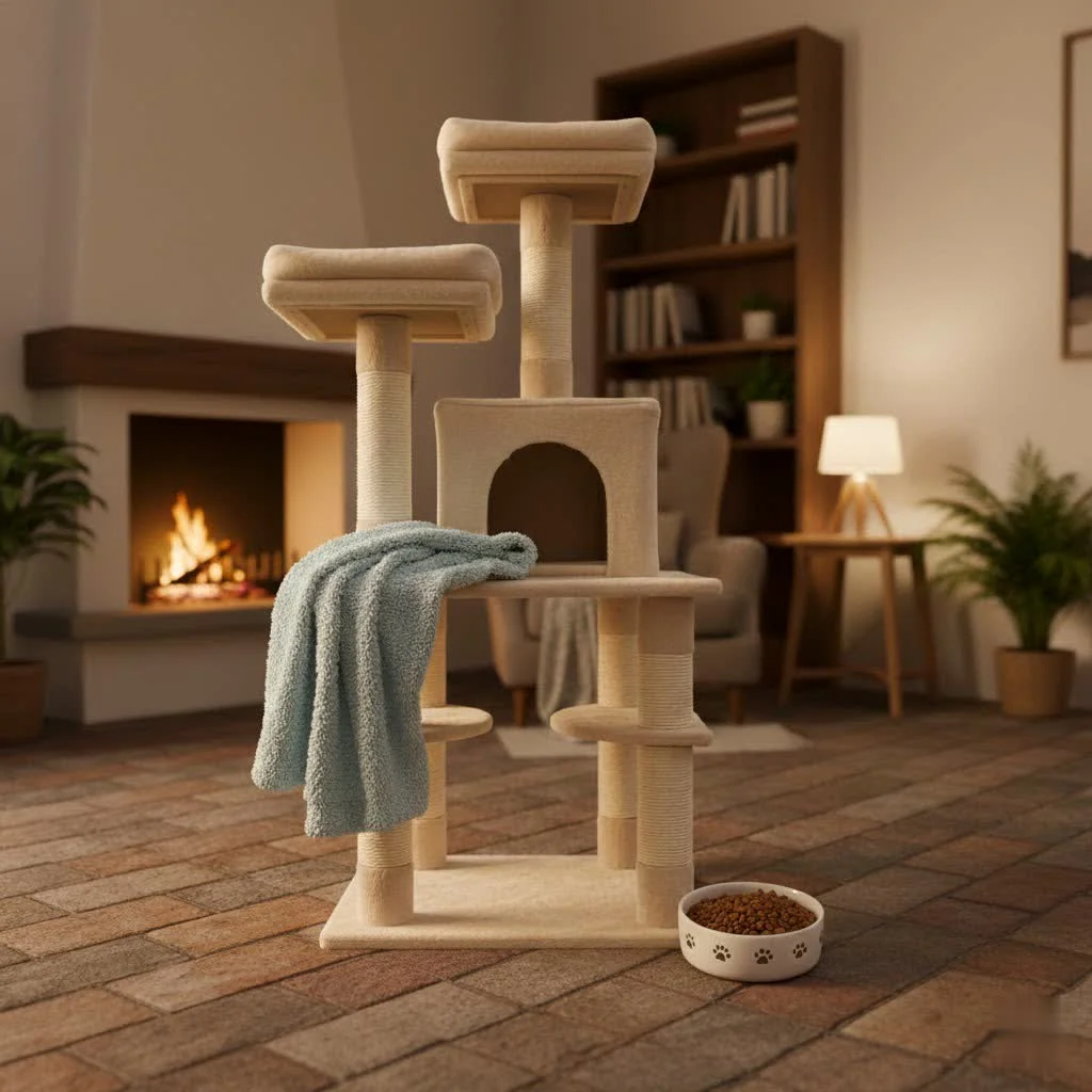 Large cat resting on an XXL cat tree perch