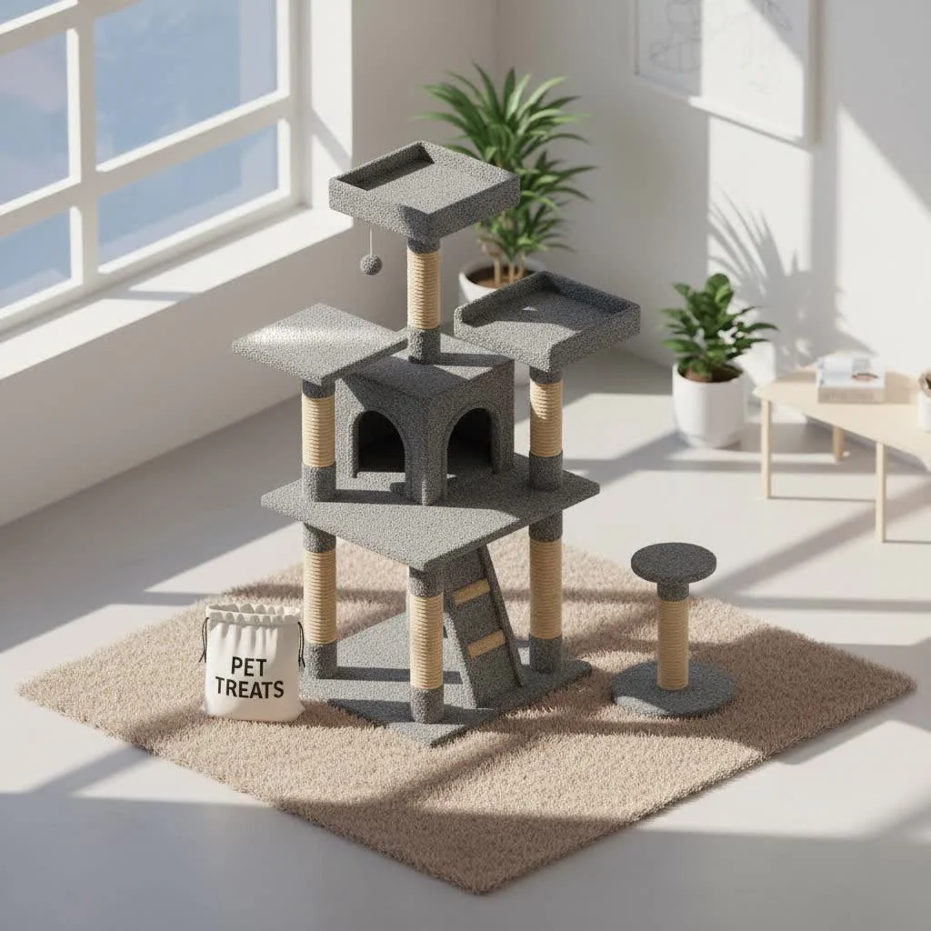 Whimsical cat mushroom tree with multiple levels