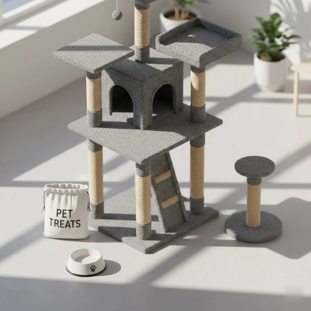 Cat relaxing on a multi-level cat tree with scratching posts