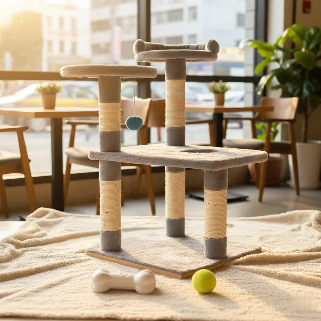 Cat exploring a multi-level cat tree with scratching posts